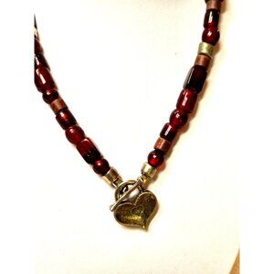 Vintage AVGAD Israeli signed Garnet Glass and Silver Bead Heart Necklace
